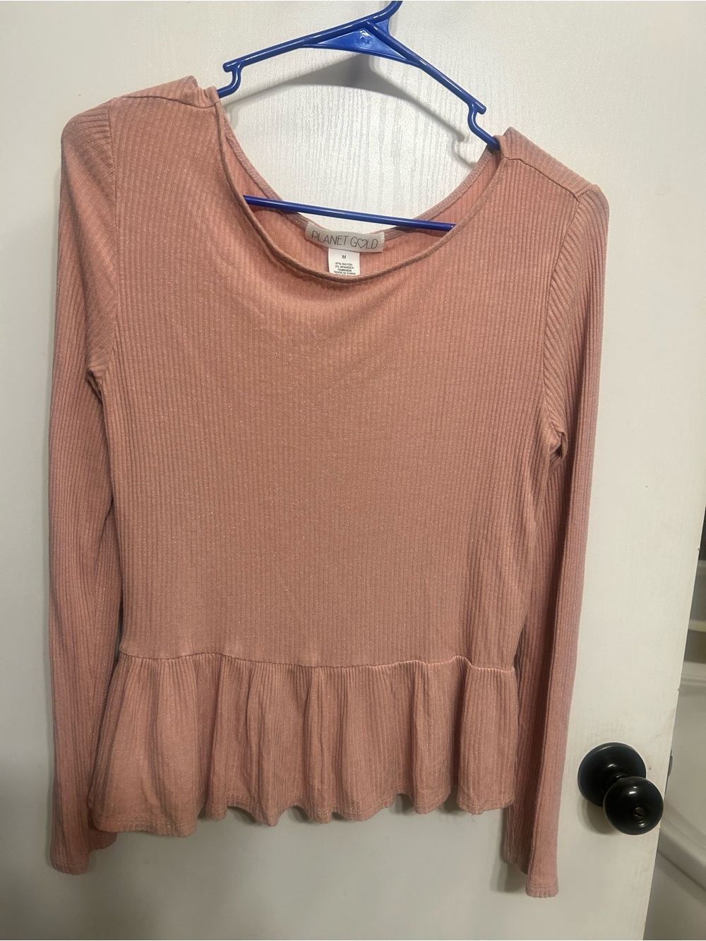 Planet Gold Dusty Rose Ribbed Long-Sleeve Peplum Top